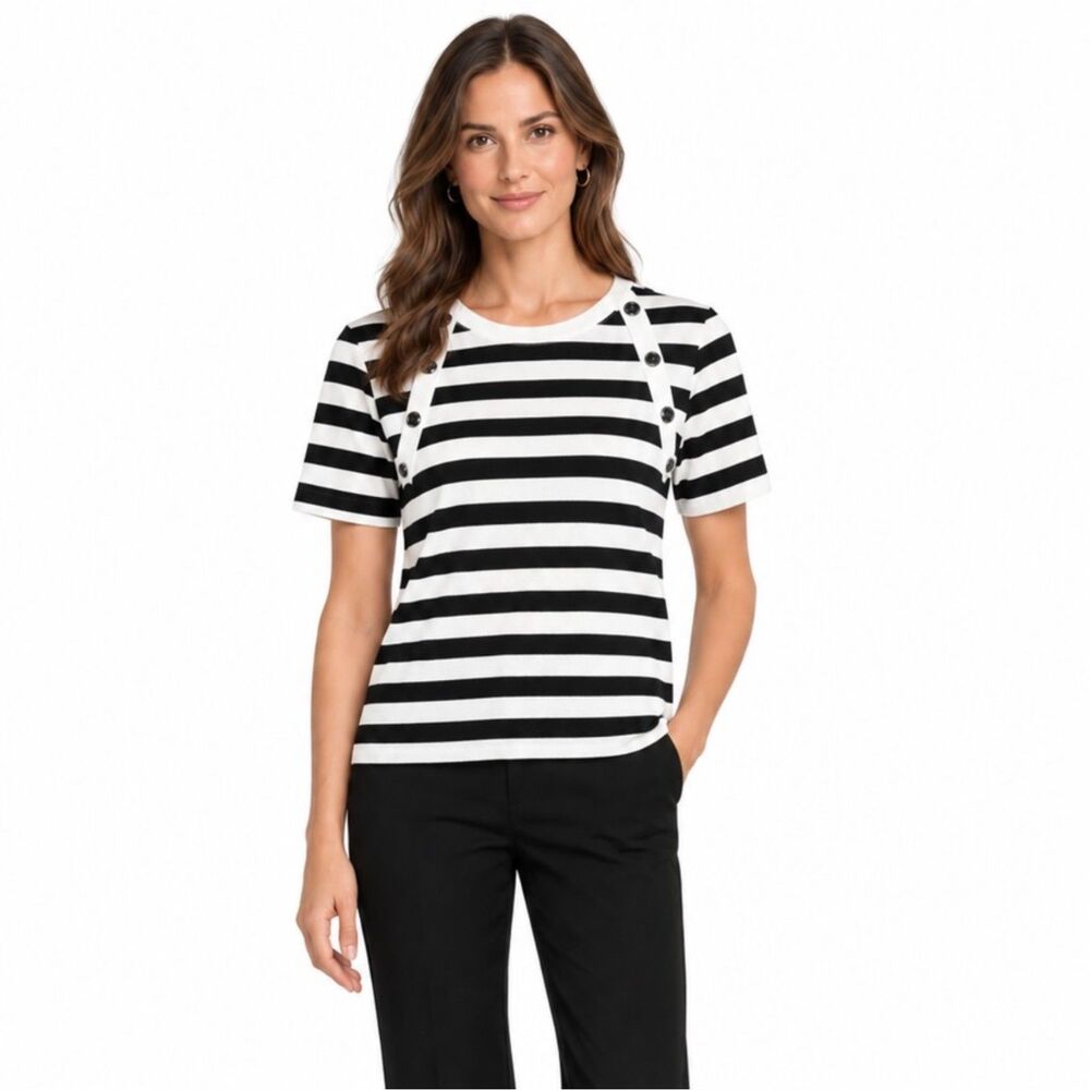 Karl Lagerfeld Women's White Black Stripe Button Detail SS Sweater Top Size XL